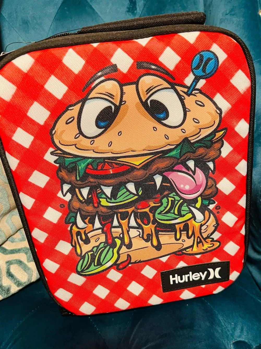 Hurley Boys Graphic Insulated Lunch Box Bag Burger Monster Red Gingham NWT